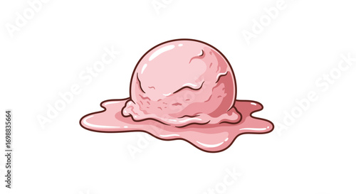 Melting pink ice cream scoop on white background