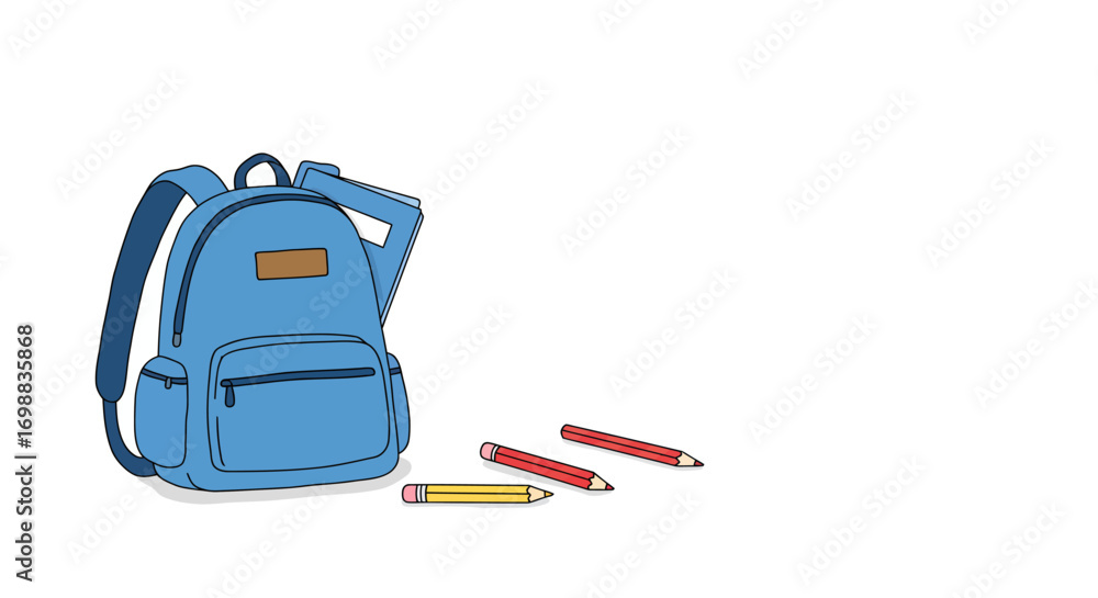 Fototapeta premium Backpack and colored pencils on white background in hand drawn style