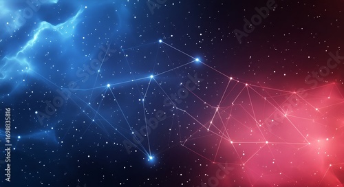 Abstract Red Network is Connecting Against a Dark Blue Starry Night.