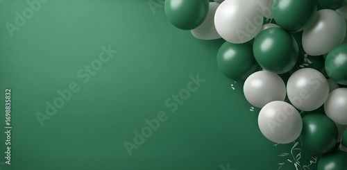Floating Balloons of Green and White Colors Against Emerald Green Background.