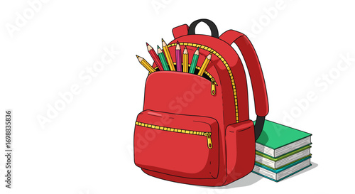 Colorful backpack with pencils and books on white background