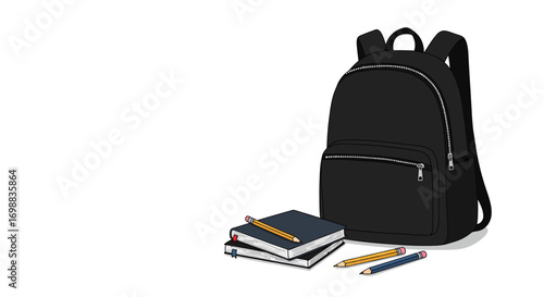 School essentials: black backpack with notebooks and pencils on white background