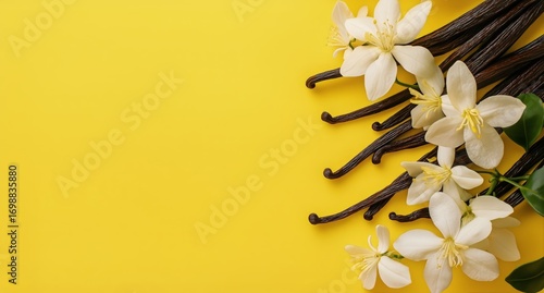 Vanilla Beans and Flowers Are Arranged on a Bright Yellow Background Creating...