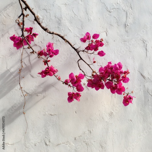 Pink flowers on a branch against a light gray wall