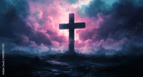 Cross Silhouette Standing Tall Against an Ethereal, Cloudy Backdrop.