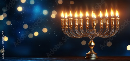 Glowing Menorah With Nine Lit Candles Stands on Dark Blue Surface for Hanukkah