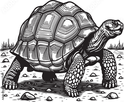 Detailed engraving of a tortoise walking across a rocky terrain