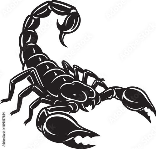 Intimidating black scorpion illustration with claws raised and tail curled
