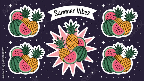 Summer vibes with fresh pineapples and juicy watermelons for a tropical vacation feel design