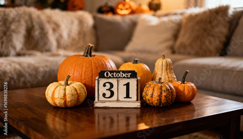 Cozy living room decorated with pumpkins and a calendar marking October 31 for Halloween festivities