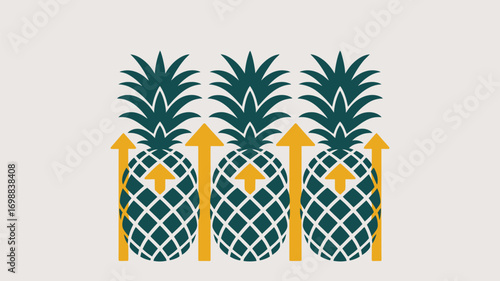 Fresh pineapple growth concept showcases tropical fruit with arrows pointing upwards for business growth