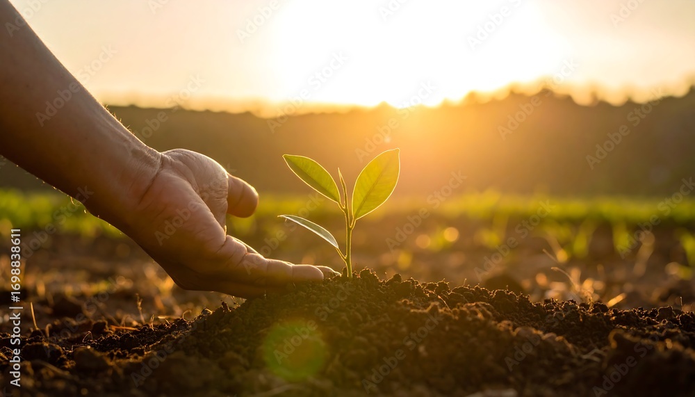 Fototapeta premium Hand planting a seedling at sunrise