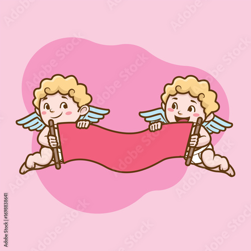Vector set of cute colorful cupids stickers with hearts. Small angels with wings bow heart hunters fly in the sky. Sticker collection of various angels or cupids printable template
