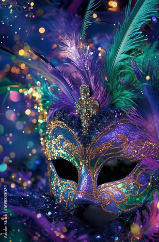Glittering Mardi Gras Mask With Colorful Feathers for a Festive Carnival Cele...