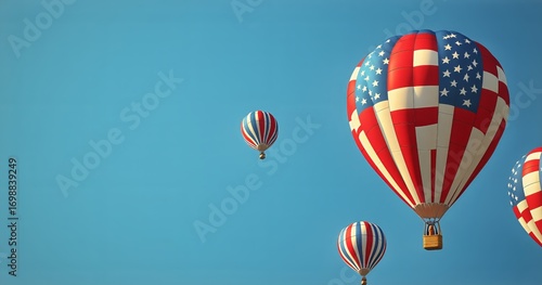 Hot Air Balloons With Patriotic Designs Float in a Bright Blue Sky During the...