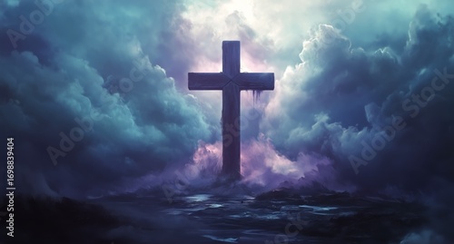 Cross Silhouette Standing Tall Against an Ethereal, Cloudy Backdrop