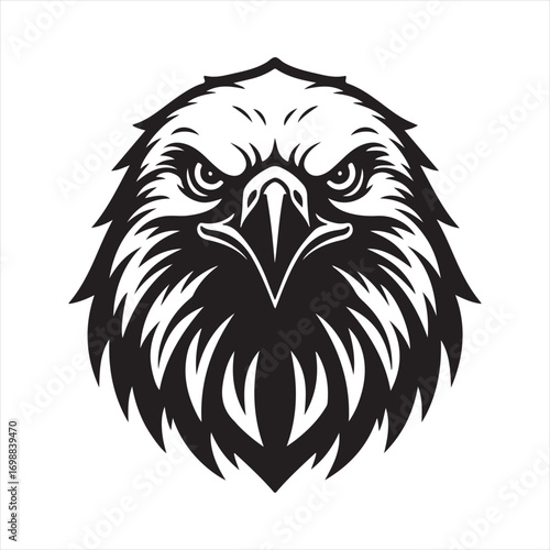 Fierce Eagle Head, Black and White Vector Illustration, Powerful Mascot Design, Intense Gaze, Bold Graphic