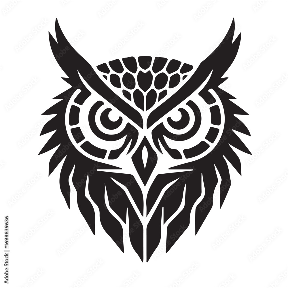 Obraz premium Tribal Owl Head: Bold Black and White Vector Illustration, Mystical and Powerful Design