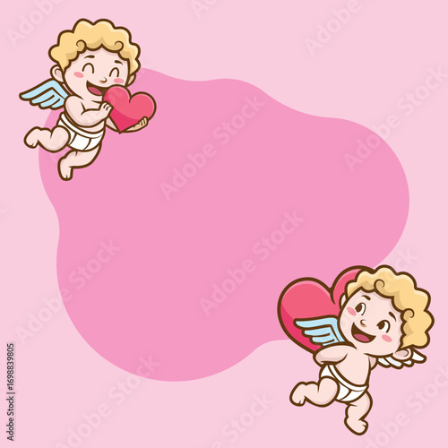 Vector set of cute colorful cupids stickers with hearts. Small angels with wings bow heart hunters fly in the sky. Sticker collection of various angels or cupids printable template