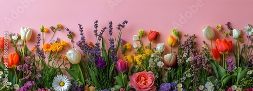 Colorful Springtime Flowers Arranged on a Pink Background Create a Floral Dis...