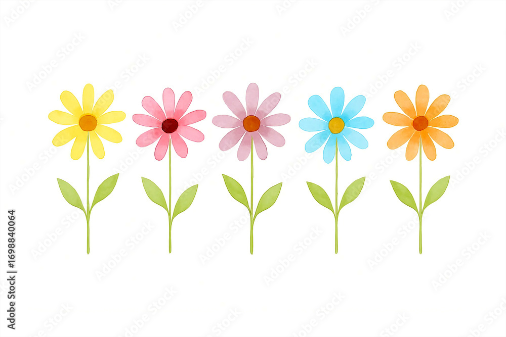 Fototapeta premium A row of five colorful watercolor daisy flowers with green stems and leaves on a white background