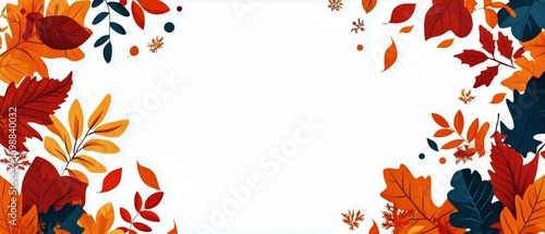 Autumn Foliage Border With Falling Leaves in Red, Orange and Blue for Thanksg...