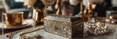 Intricate jewelry box displayed elegantly on a luxurious table with pearls and flowers in a well-decorated indoor setting