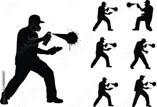 Graffiti spray painting silhouette set, street art spray can vector, urban artist with mask, spray paint illustration for design.