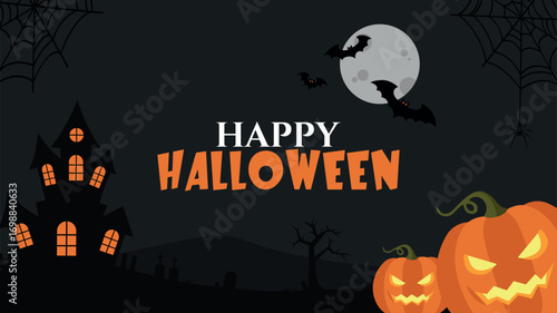 Happy Halloween banner background - with pumpkin, castle, tree, and flying bats
