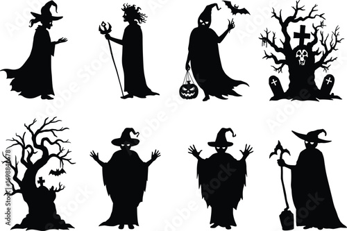 Halloween witch silhouettes with creepy trees, spooky characters, haunted graveyard and bats, dark horror collection, vector illustration for decorations.