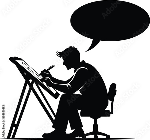 Man drawing at drafting table with speech bubble, silhouette vector of creative artist cartoonist or designer talking and sketching.
