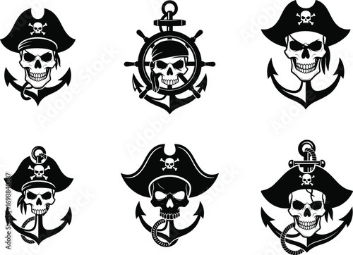 Pirate Skull Anchor Emblems Vector Set with Nautical Symbols, Helm, Hats, and Vintage Pirate Theme for Tattoo or Logo Design