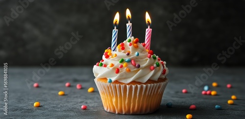 Celebratory Birthday Cupcake With Three Burning Candles Sitting on a Countertop.
