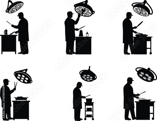 Silhouette chef or surgeon cooking under surgical light, conceptual vector for culinary precision, food science, restaurant and medical art.