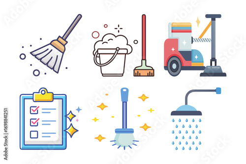 Cleaning tools and equipment icons vector set
