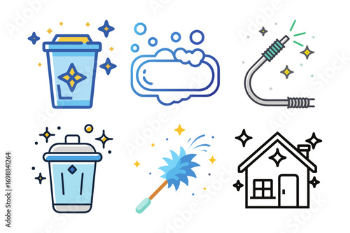 Cleaning and housekeeping icons set, cleaning supplies and equipment icons