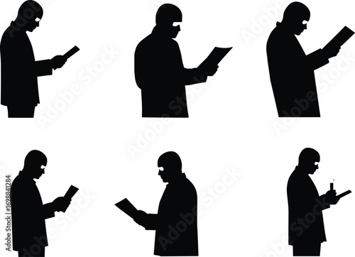 Silhouette of Businessman Reading Document or Report Paper Holding File Folder Office Work Vector Illustration in Different Poses