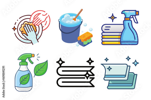 Cleaning and housekeeping icons set, cleaning supplies and equipment icons