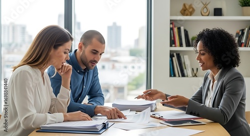 Young couple discusses financial planning with consultant in modern office setting