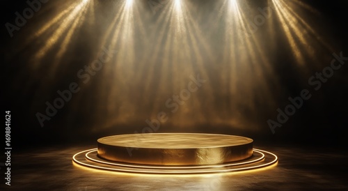 Elegant Golden Stage With a Round Platform for Product Presentation or Ceremony.