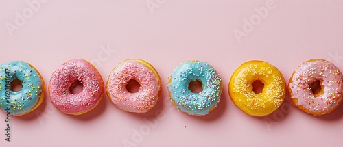 Assorted Colorful Donuts With Sprinkles Arranged on a Pink Background.