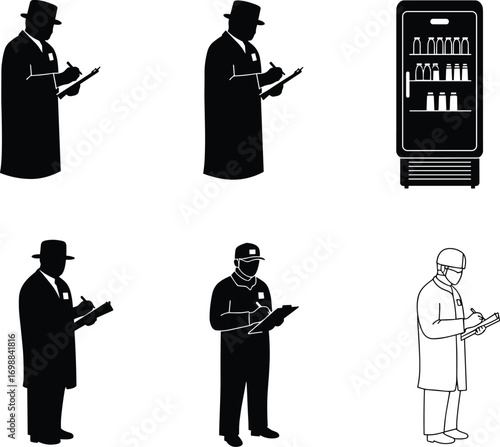 Vector Set of Food Safety Inspectors or Quality Control Workers with Clipboards Checking Items in Refrigerator – Health Compliance Concept