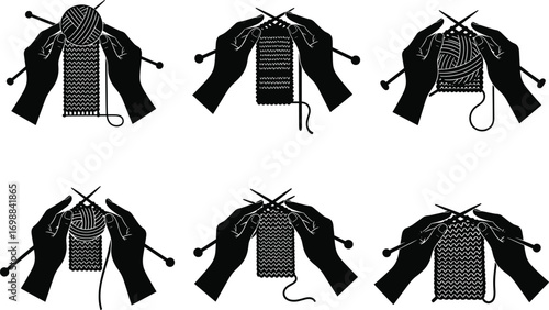 Vector silhouette of hands knitting with yarn and needles, handmade textile craft, wool work, crochet hobby, DIY illustration.