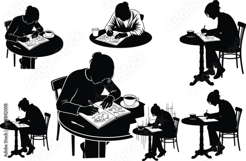 Woman drawing in sketchbook at café table, silhouette illustration of creative activity with coffee, vector design for artist themes.