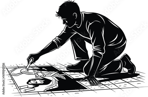 Young man creating floor art mosaic, kneeling and drawing detailed design, artistic creativity, craftsmanship, black and blue vector illustration.