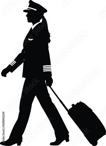 Confident female airline pilot walking with rolling suitcase, professional flight captain uniform, aviation career woman, business travel, airport journey silhouette.