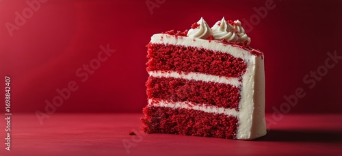 Slice of Red Velvet Cake With White Frosting on a Red Background