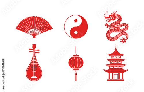 Traditional chinese cultural icons collection festive red elements featuring fan dragon lantern pagoda and musical instrument
