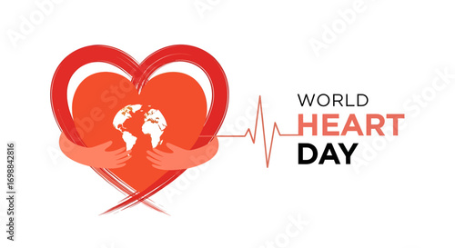 World heart day celebration with a heartbeat and caring hands