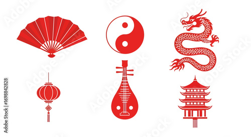 Vibrant red chinese symbols a dragon fan yin yang lantern musical instrument pagoda